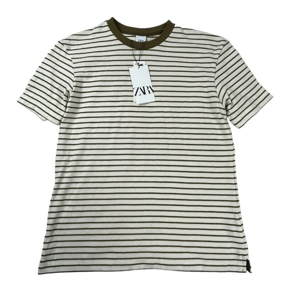 Zara Other - Zara T Shirt Short Sleeve Striped Olive Green Cream Crew Neck Ringer Mens S NWT